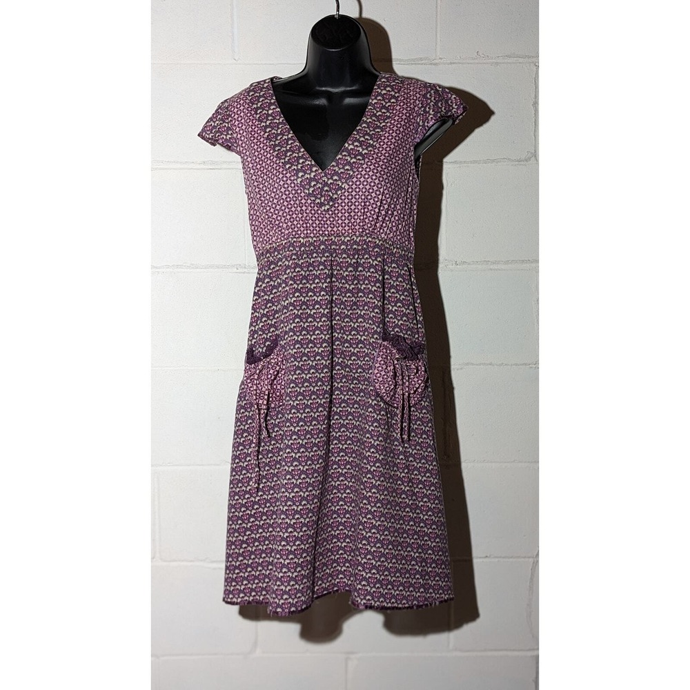 American Flirt Purple Print Midi Dress V Neck Cotton Prairie Milkmaid Medium